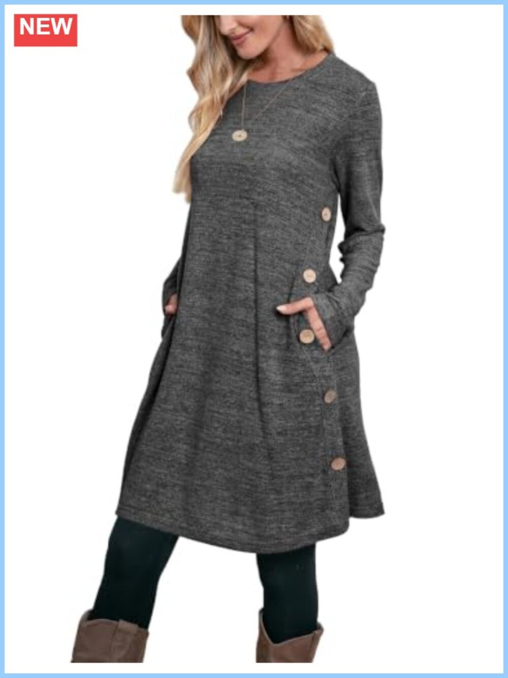 Long Sleeve Tunic Dress with Pockets Buttons Crew Neck A-Line Casual